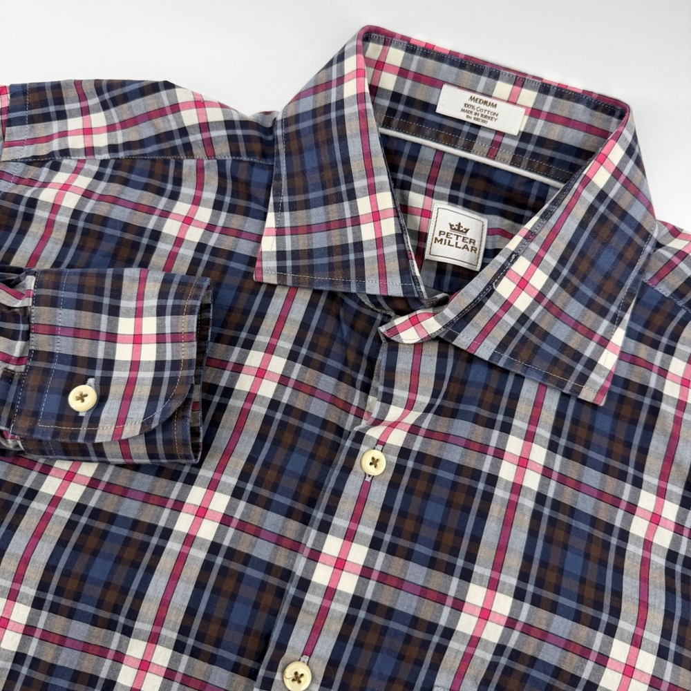 Peter Millar Button Down Shirt Mens Medium Blue Pink Plaid Cotton Long Sleeve